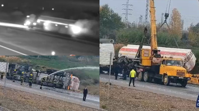 Bakıda yanacaqla dolu maşın aşdı; yol polisi görüntüləri yaydı - VİDEO 