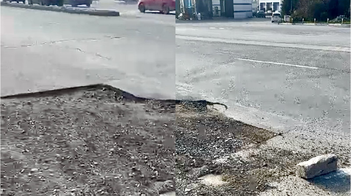 Bu ərazidə yolun bir hissəsi qazılıb, nişan yerinə isə daş qoyulub   - VİDEO