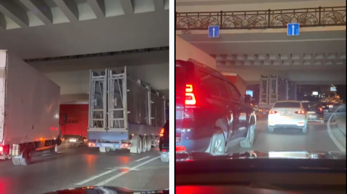 Bakının mərkəzində yük maşını körpüyə ilişib qaldı – VİDEO 