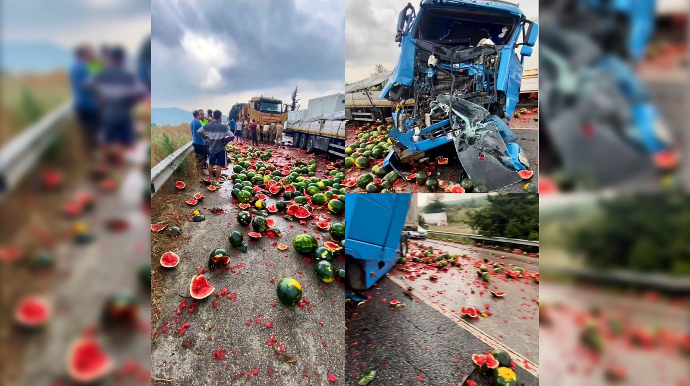 “TIR”lar toqquşdu, yerə dağılan qarpızlar yolu yararsız hala saldı  - VİDEO