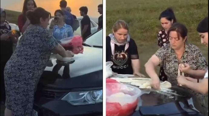 Qadınlar “Toyota”nın kapotunda xəmir yoğurub xəngəl bişirdilər - VİDEO 