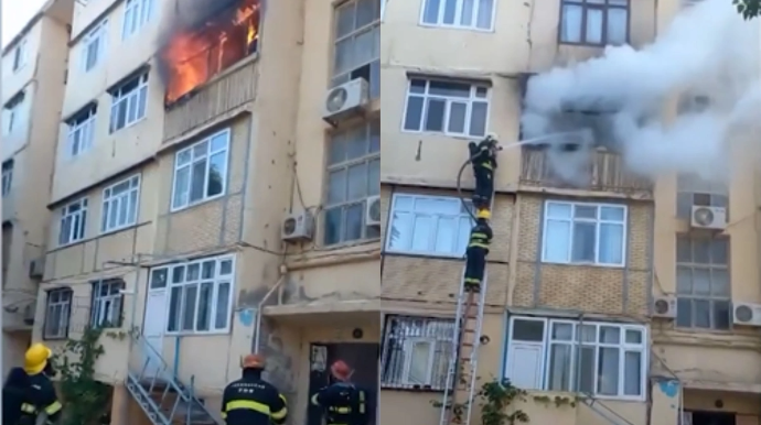 Sumqayıtda yaşayış binasında yanğın oldu - VİDEO