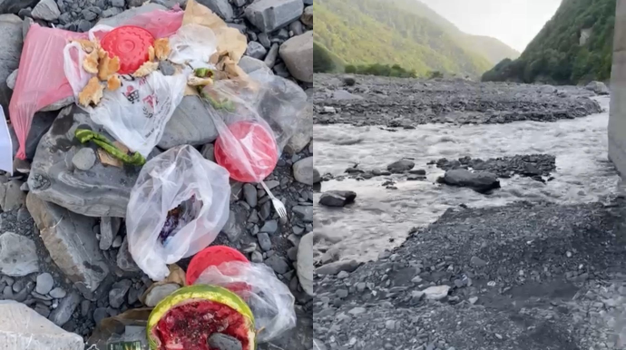 Qəbələdə turistlər çay kənarını zibilləməyə davam edir - İyrənc mənzərə - VİDEO  