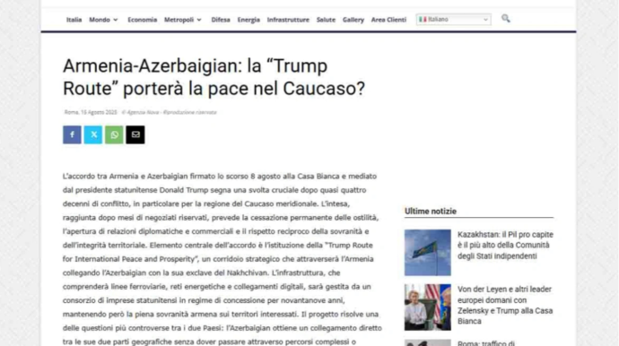 İtaliya portalı Azərbaycanla Ermənistan arasında sülh razılaşmasının əhəmiyyətindən yazdı 