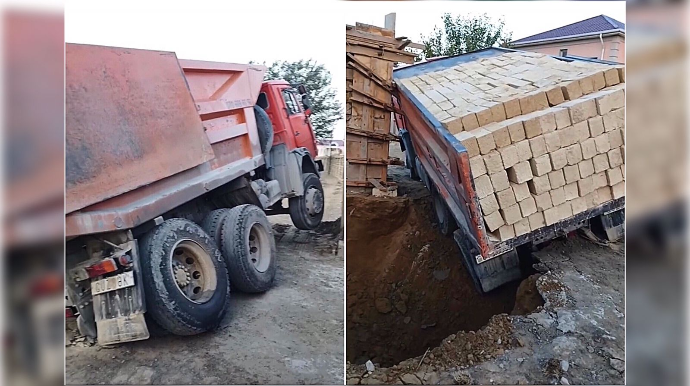 Güzdəkdə “KamAZ”ın bir tərəfi çuxura düşdü, digər hissəsi göydə qaldı   - VİDEO