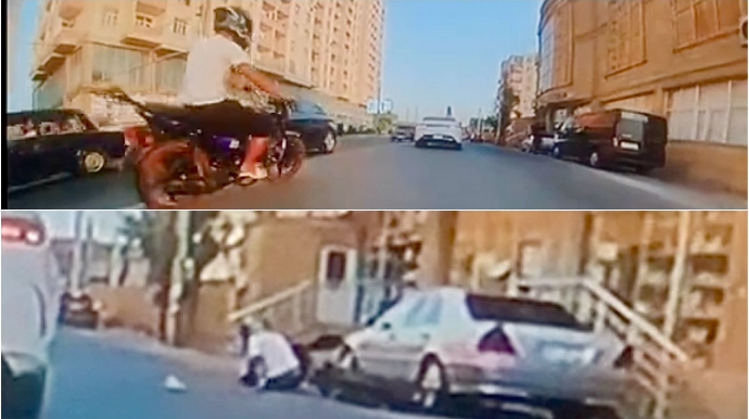 Masazırda motosiklet sürücüsü “BYD”yə çırpılıb yola yıxıldı   - ANBAAN VİDEO