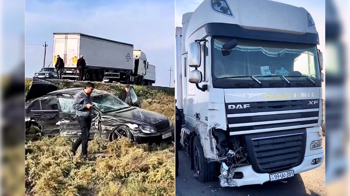 Əyləci işləməyən “Mercedes” yük maşınıyla toqquşdu, sürücünün ayağı sındı   - VİDEO