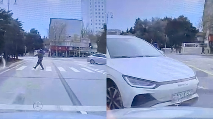 Şamaxinkada təhlükəli anlar: Piyada və sürücü işıqforu gözardı etdi - VİDEO