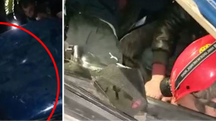 Maşında sıxılı qalan sürücü belə xilas edildi - VİDEO 