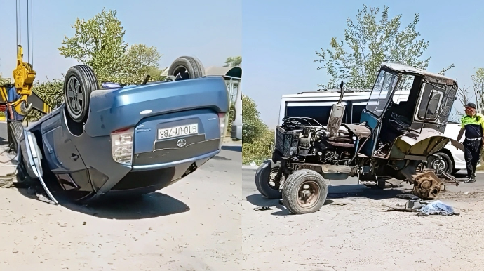 Bərdədə “Prius” traktorla toqquşdu: Xəsarət alanlar var - VİDEO 
