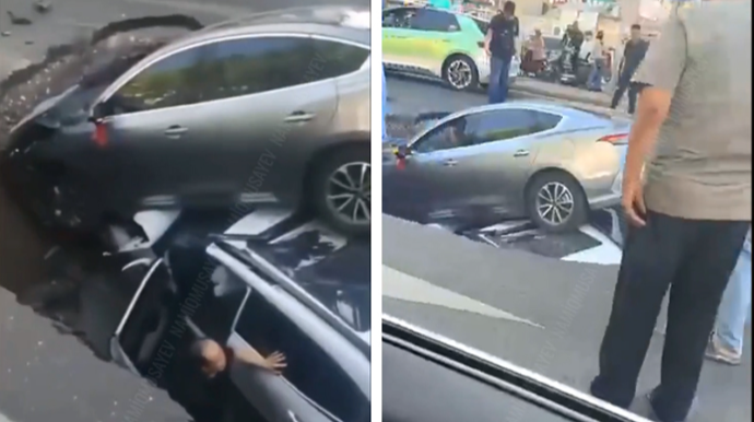 Yolsuzluq maşınları bir-birinin ardınca yoldakı çuxura düşdü - VİDEO