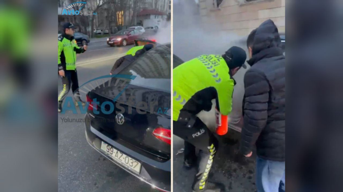 Yasamalda yanan avtomobili yol polisləri belə söndürdü  - VİDEO