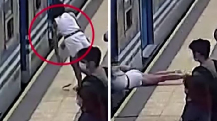 Platforma ilə qatar arasında düşən qadın sağ qaldı - ŞOK VİDEO 