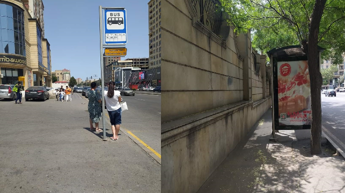 Bakıda təzad:  kölgədə dayanacaq var, geniş səkidə insanlar günün altında gözləyir  - FOTO