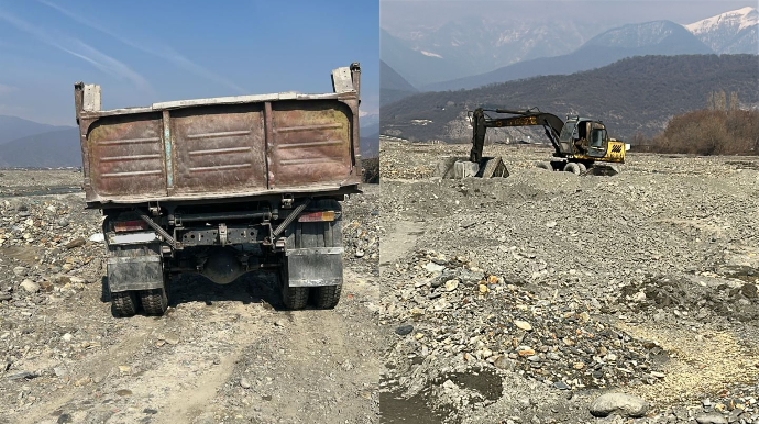 Çaydan qanunsuz qum-çınqıl daşıyanlar saxlanıldı - FOTO - VİDEO