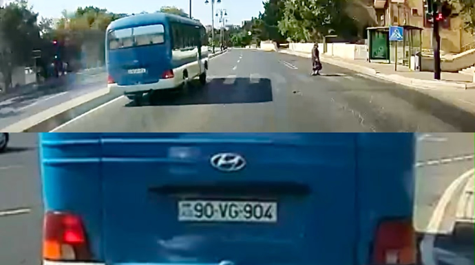 Avtobus sürücüsü qırmızı işıqda yoluna davam etdi - 90-VG-904   - VİDEO
