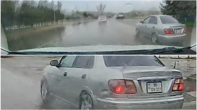 Yağışlı havada sağdan ötmə edən sürücü təhlükə saçdı - VİDEO