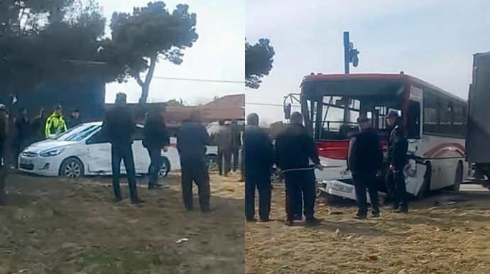 Sabunçuda ağır qəza: Sərnişin avtobusu “Hyundai”la toqquşdu   - VİDEO