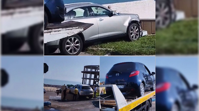 “Mazda” ilə toqquşan “İnfiniti” səkiyə çıxaraq hasara çırpıldı   - VİDEO