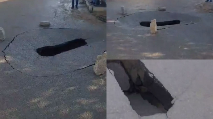 Qobuda məktəbin yanında yol çöküb; qurumlardan səs-soraq yoxdur - VİDEO