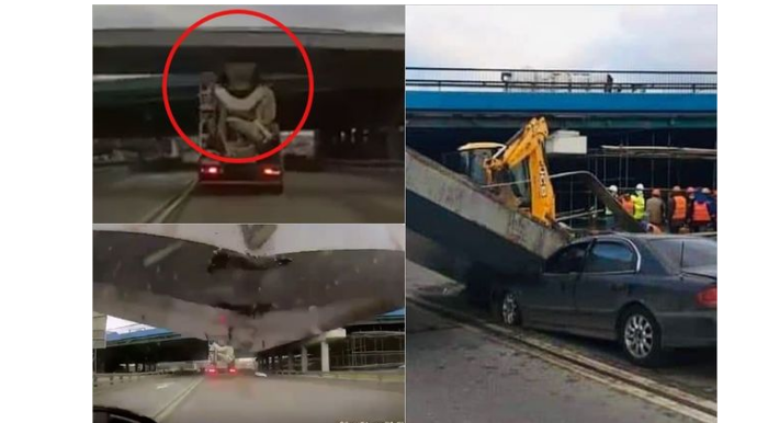 Betonqarışdıranın zədələdiyi körpünün maşının üstünə düşmə anı - VİDEO