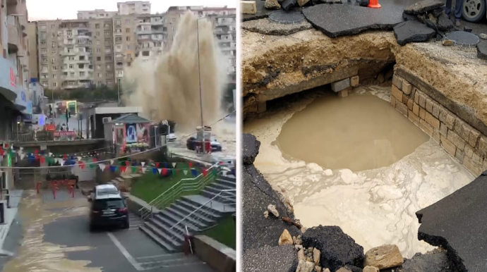 В Баку изменено направление движения некоторых автобусов из-за прорыва магистрального водопровода  - ВИДЕО