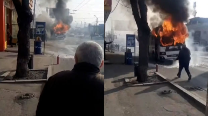 İrəvanda sərnişinlərlə dolu trolleybus yandı - VİDEO
