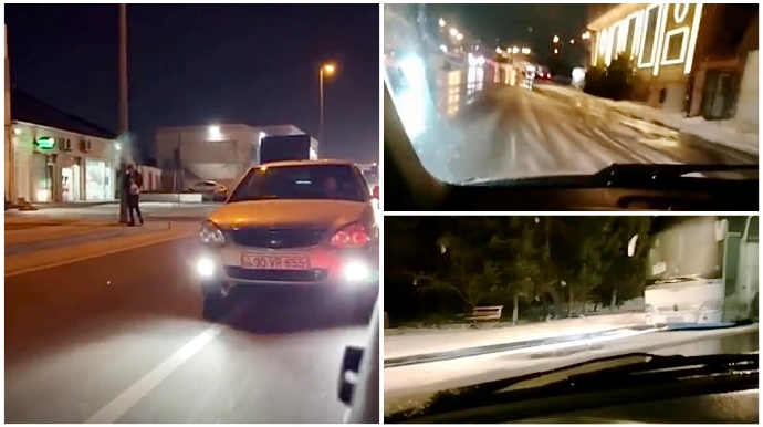 Buzlu yolda “hoqqa” verən daha bir sürücü - “Sağ-sol” edib əks yola çıxdı   - VİDEO