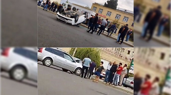 “Reno”ya çırpılan “Khazar” bordürə dəyib arxası üstə aşdı    - VİDEO