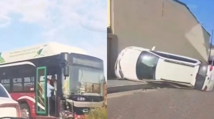 Hövsanda avtobusla toqquşan avtomobil AŞDI - VİDEO - YENİLƏNİB