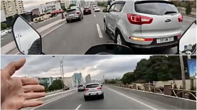 Prospektdə motosiklet sürücüsünü sıxışdırıb özündən çıxardılar: “..bir deyil, iki deyil”   - VİDEO
