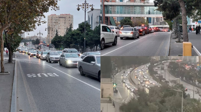 Bu küçədə avtobus zolağı çəkildi; maşınlar tıxacda qaldı, avtobuslar rahat hərəkət etdi - VİDEO