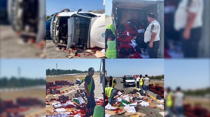 Hacıqabulda qəza: Yeşiklərlə dolu pomidorlar yola səpələndi   - VİDEO