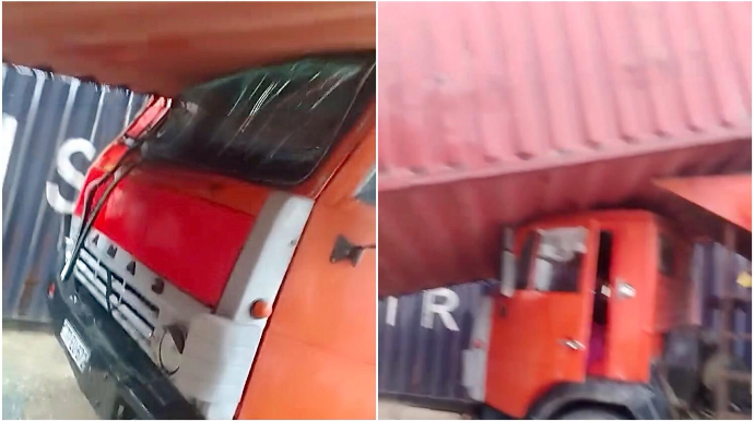 Qobuda güclü külək konteyneri “KamAZ”ın üstünə aşırdı   - VİDEO