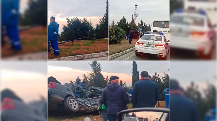 Prospektdə avtobusla toqquşan “Mercedes”  işıq dirəyini yerindən qopardı - DİN-dən AÇIQLAMA   - VİDEO