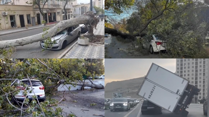 Külək yük maşınını "Mercedes"in üstünə aşırdı - DYP-dən HAVA XƏBƏRDARLIĞI - VİDEO  