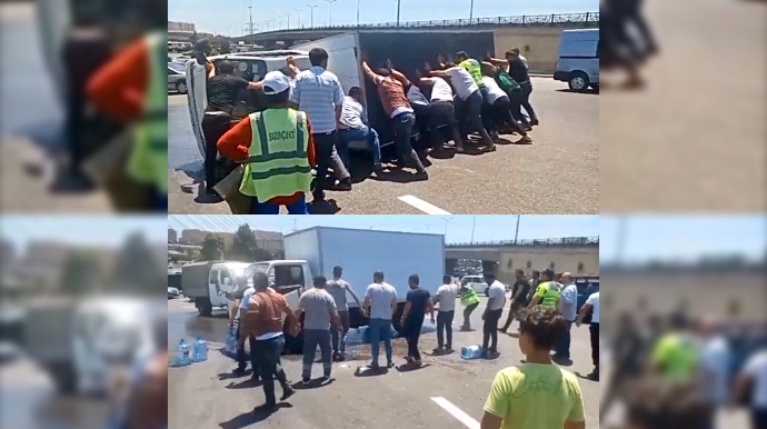 Koroğluda su şirkətinə məxsus yük maşını aşdı   - VİDEO