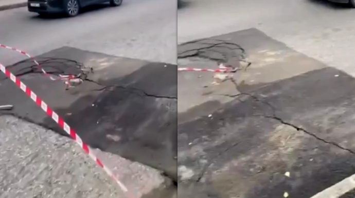 Binəqədidə bir həftə əvvəl çəkilən asfalt çökdü - VİDEO