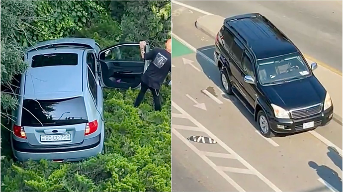 В Баку столкнулись автомобили: Один отлетел на велодорожку, другой - в кусты - ВИДЕО