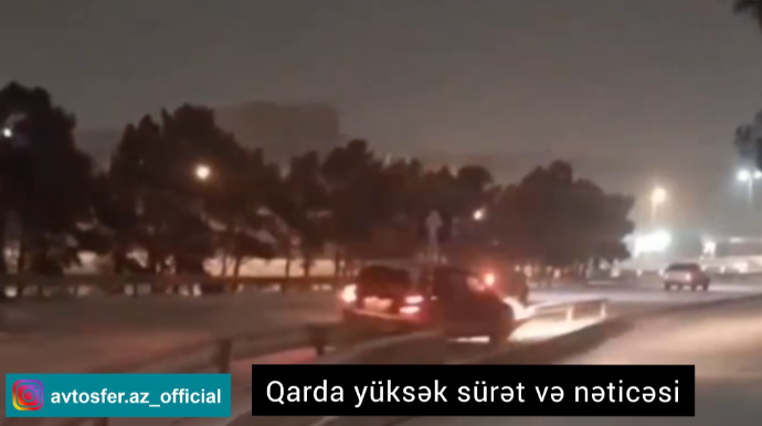 Qarlı havada yüksək sürət:  maşını yol nişanına çırpdı  - VİDEO