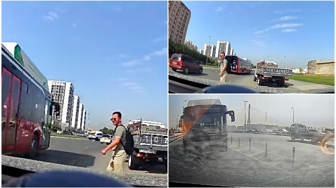 Piyadaya yol verdiyi üçün siqnala əl atan avtobus sürücüsü təlimçini qəzəbləndirdi   - VİDEO