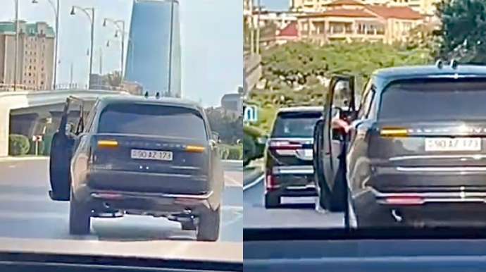 “Range Rover” sürücüsündən təhlükəli hərəkət: Maşını qapısı açıq sürdü - 90-AZ-173 - VİDEO