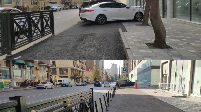 Qarajın önünü zəbt edən sahibkar səkiyə tumba quraşdırıb zəncirlədi - FOTO 