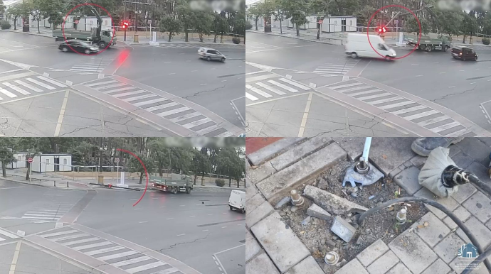 Bakıda açıq halda hərəkət edən kran svetoforu belə qırdı - ANBAAN VİDEO