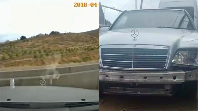 Şamaxı yolunda sərt döngəyə girən sürücü “Mercedes”i maneəyə çırpdı   - REAL VİDEO