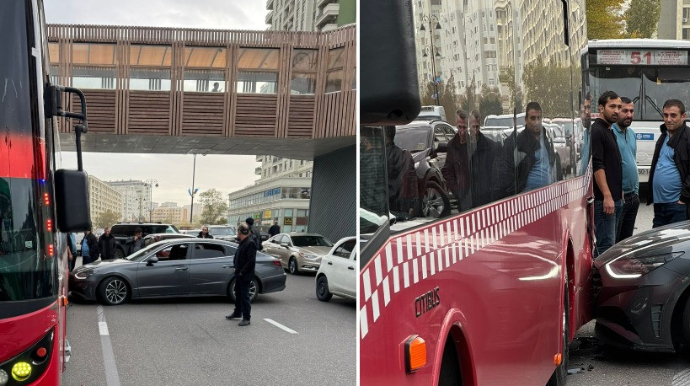 Bakıda avtobusla minik avtomobili toqquşdu - FOTO 