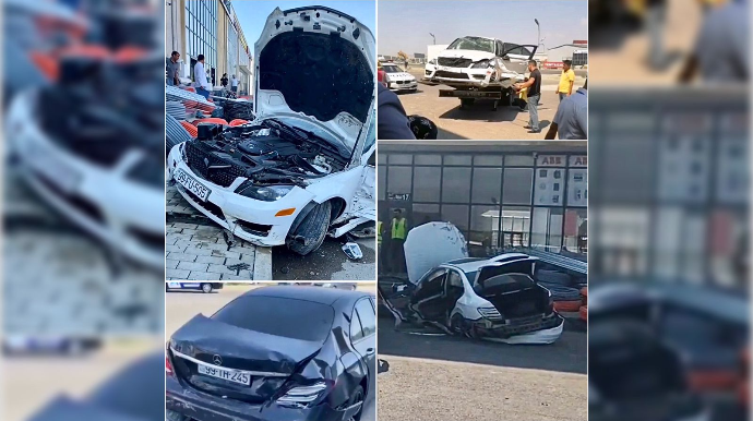 “Mercedes” bordürləri dağıdaraq ticarət mərkəzinin qarşısında dayandı  - VİDEO