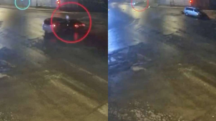 ДТП на перекрестке в Баку:  водитель проигнорировал красный свет и снес светофор - ВИДЕО