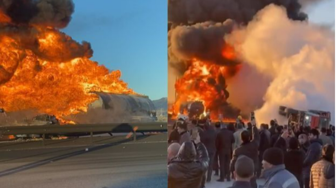 В Гобустане произошло ДТП с участием бензовоза: загорелись несколько автомобилей, есть погибший  - ВИДЕО - ФОТО