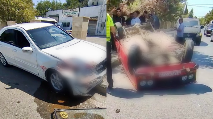 Şirvanda qəza: “Mercedes”lə toqquşan “VAZ” aşdı    - VİDEO